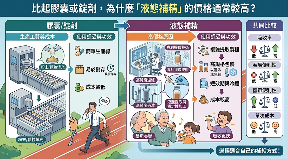 Q：比起膠囊或錠劑，為什麼「液態補精」的價格通常較高？